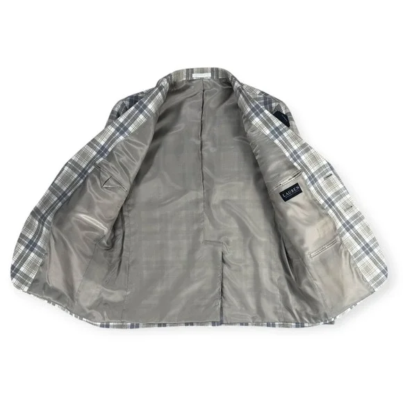 Lauren Ralph Lauren Lassiter 100% Linen Plaid Sport Coat Blazer 40S Cream Grey - Picture 14 of 16
